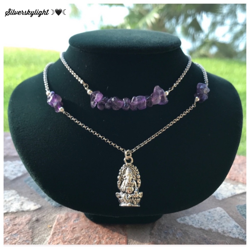 Amethyst ganesh necklace . Double layer Boho amethyst gemstones silver Ganesh - Picture 1 of 8